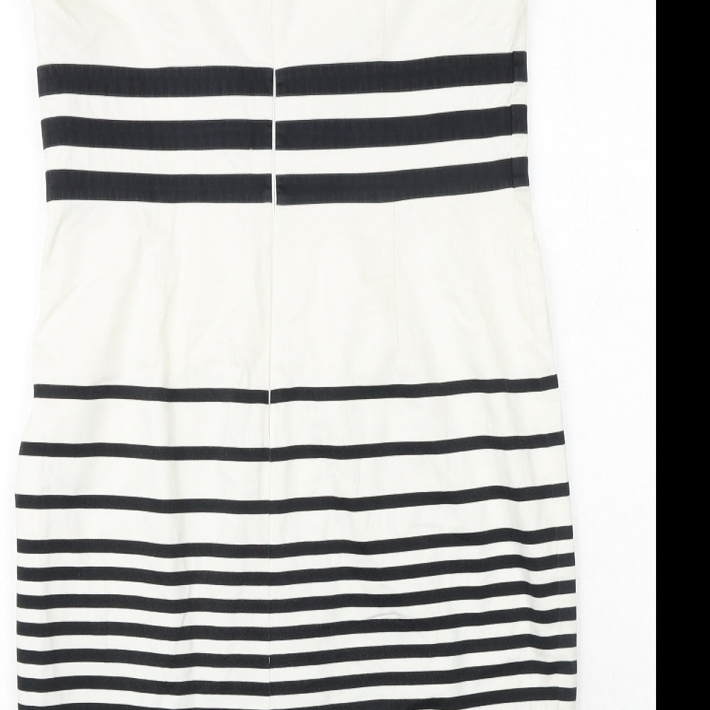 Marks and Spencer Womens Black Striped Cotton A-Line Size 14 Round Neck Zip