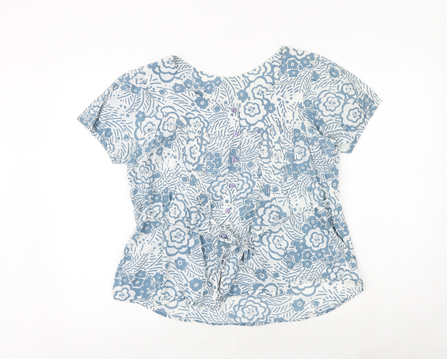 BHS Womens Blue Geometric 100% Cotton Basic Blouse Size 12 Round Neck