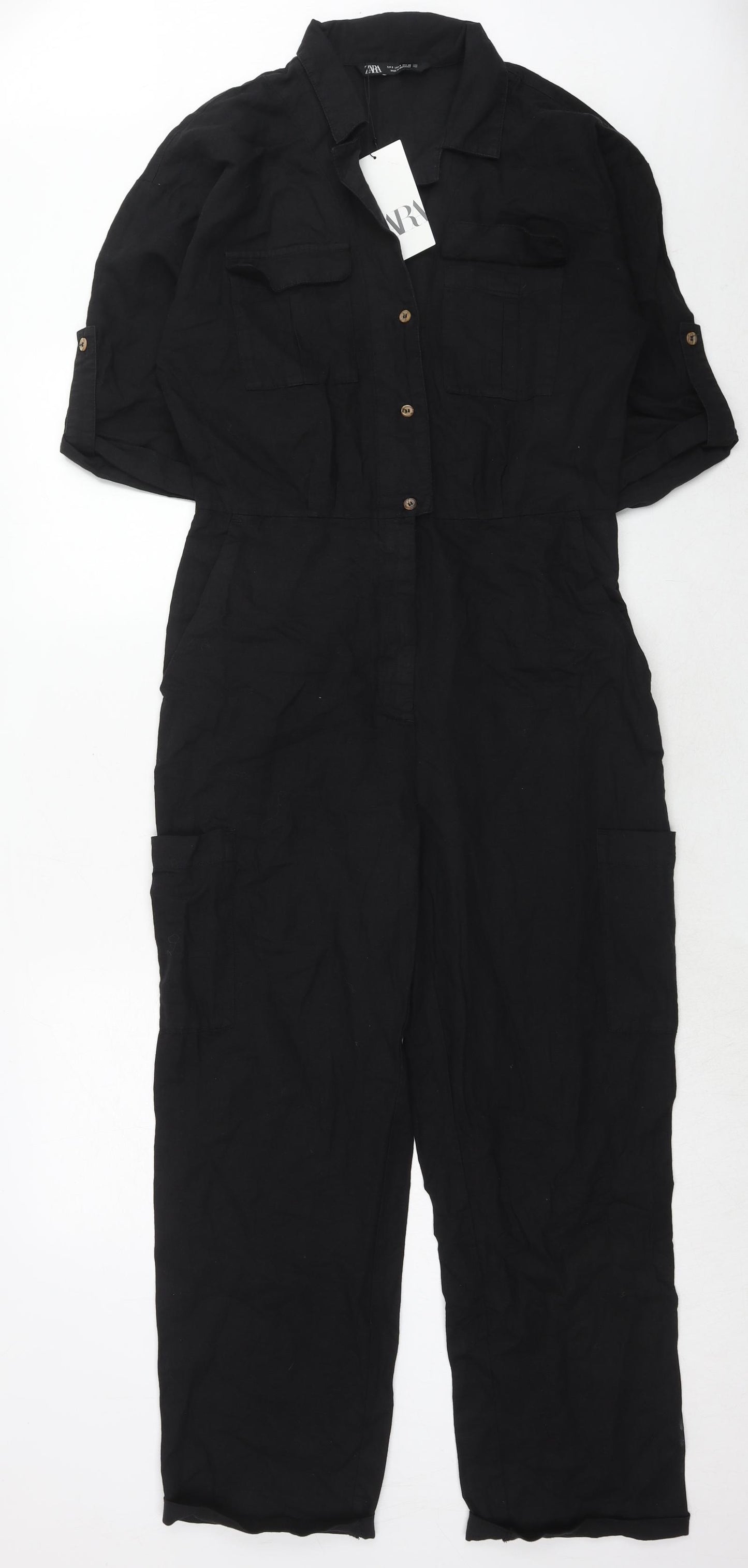 Zara Womens Black Linen Jumpsuit One-Piece Size S Button