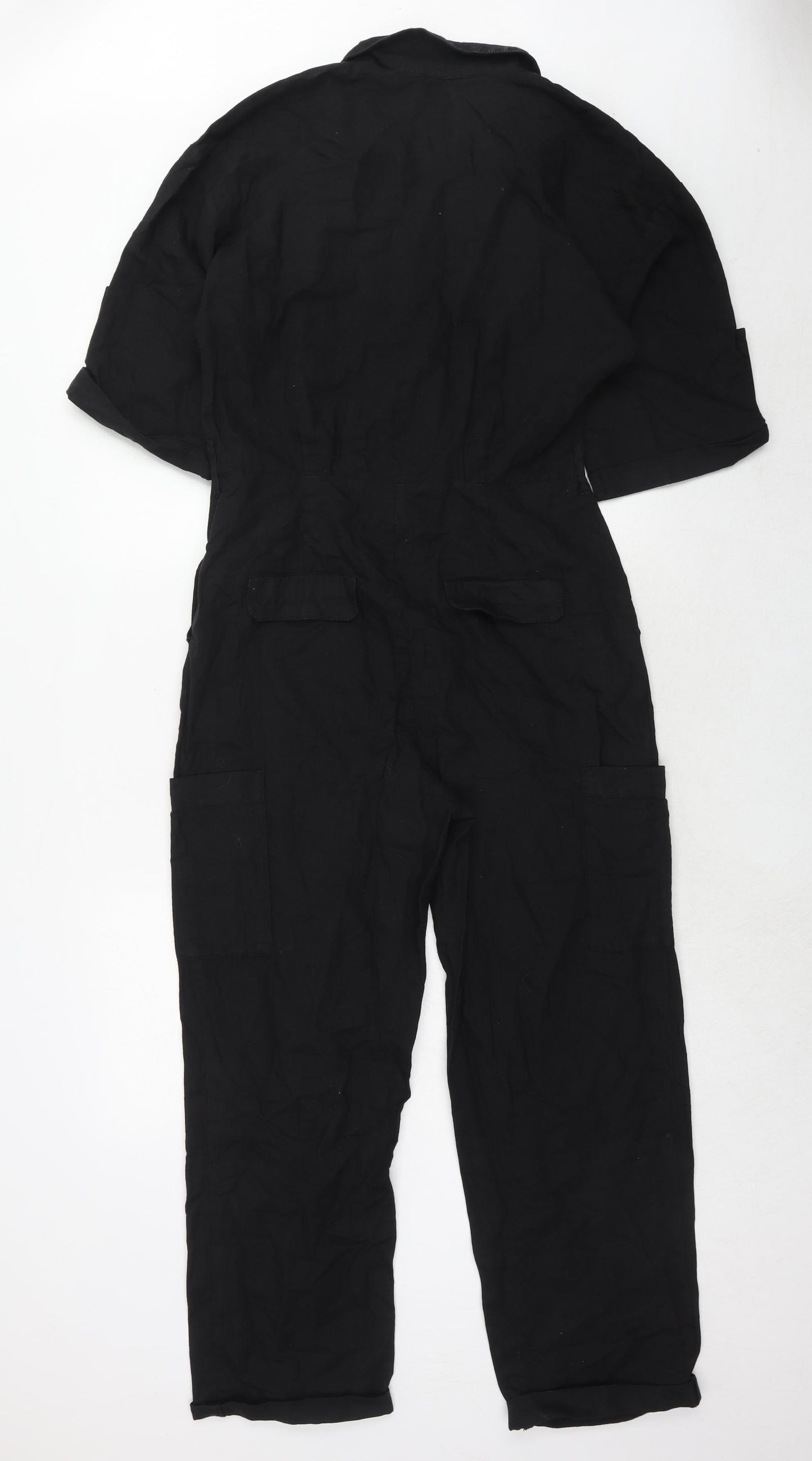 Zara Womens Black Linen Jumpsuit One-Piece Size S Button