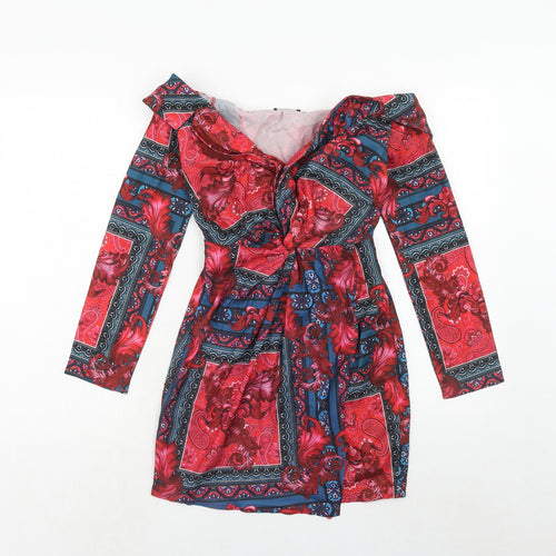 PRETTYLITTLETHING Womens Pink Geometric Polyester Mini Size 4XL V-Neck Zip