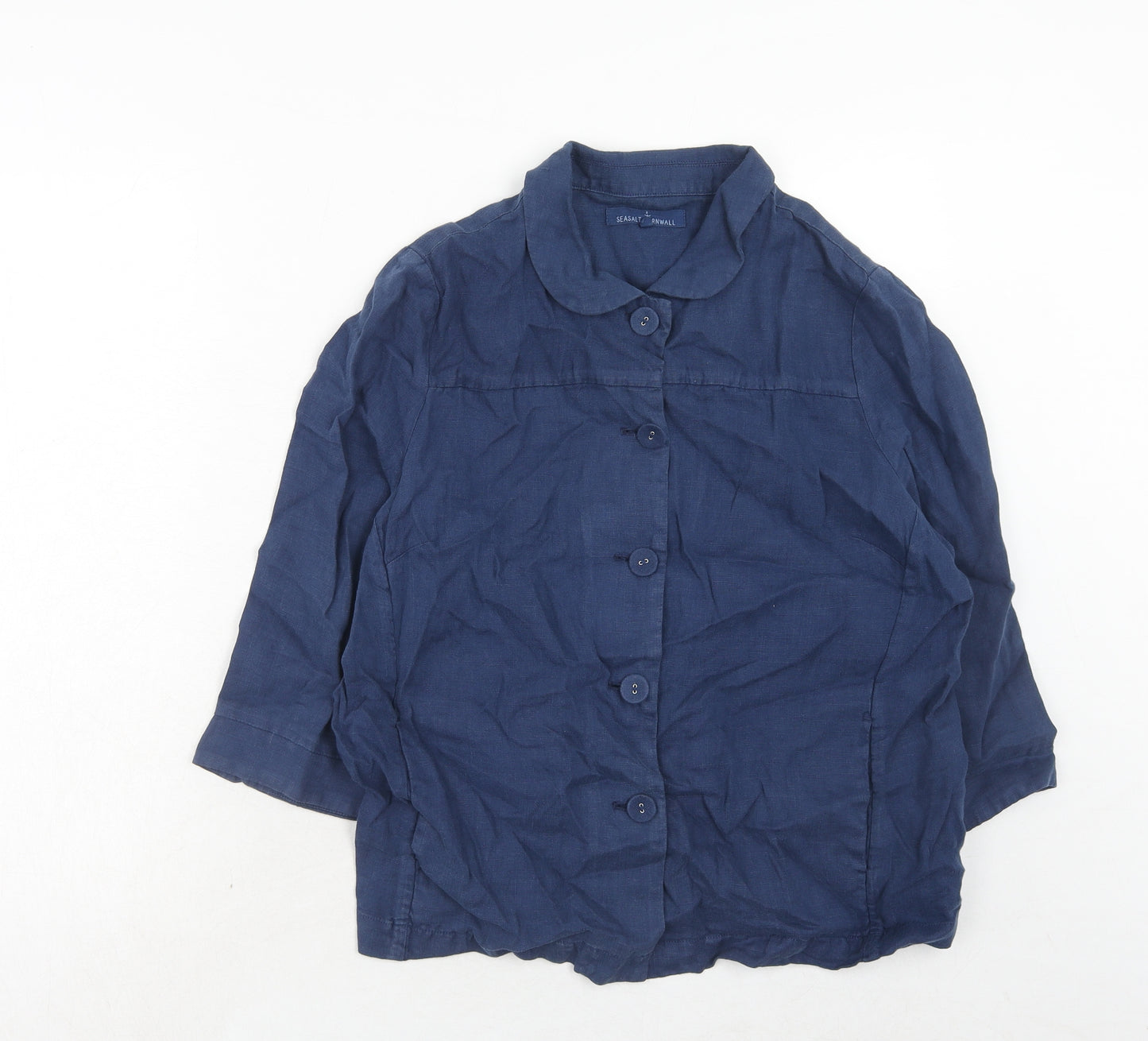 Seasalt Womens Blue Linen Basic Button-Up Size 14 Collared