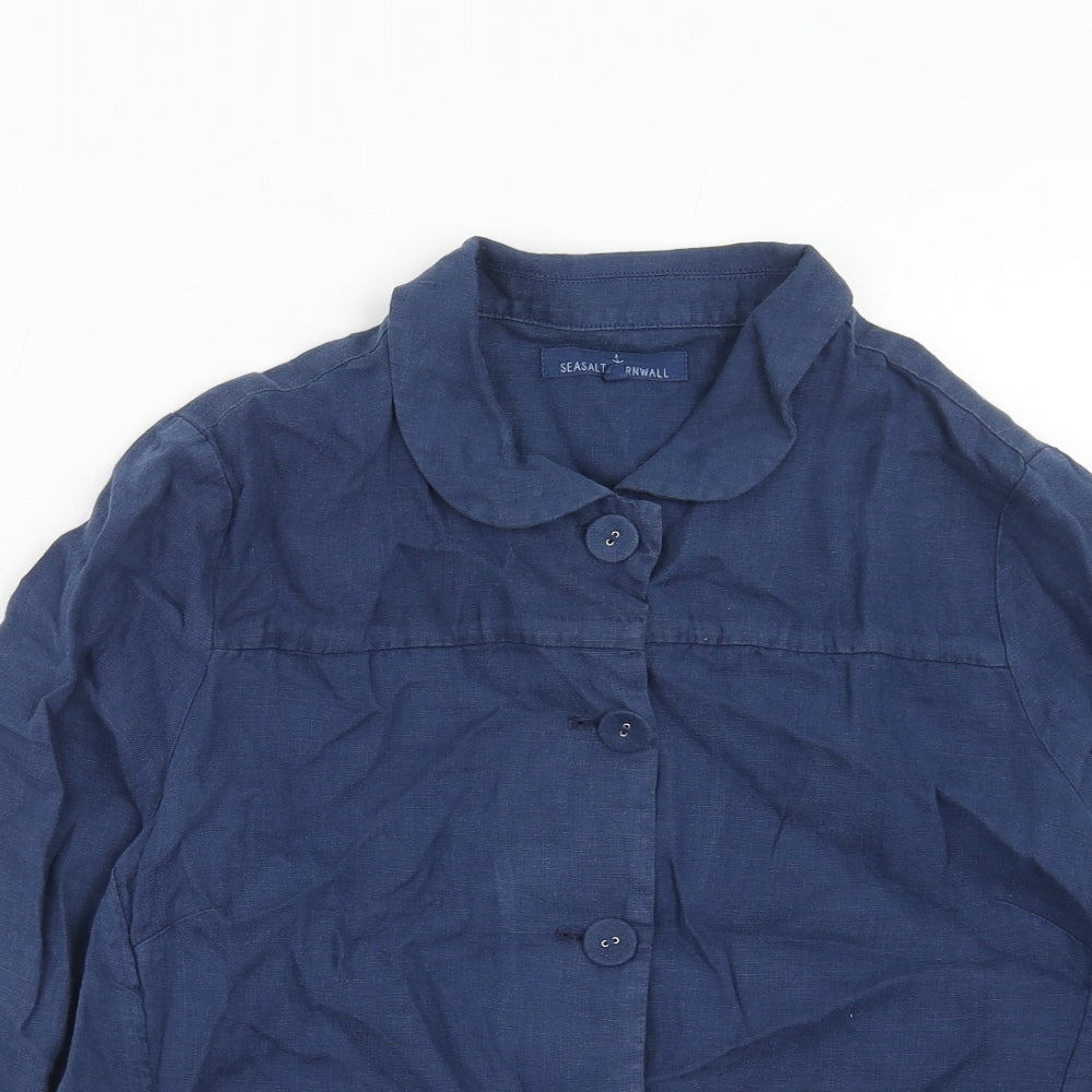 Seasalt Womens Blue Linen Basic Button-Up Size 14 Collared
