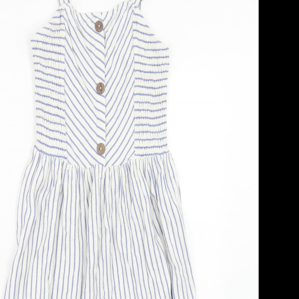 NEXT Girls Blue Striped Cotton Tank Dress Size 12 Years Square Neck Pullover