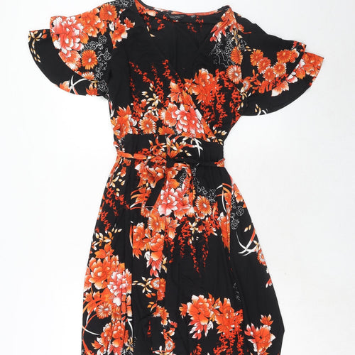 Dorothy Perkins Womens Orange Floral Viscose Fit & Flare Size 14 V-Neck Pullover