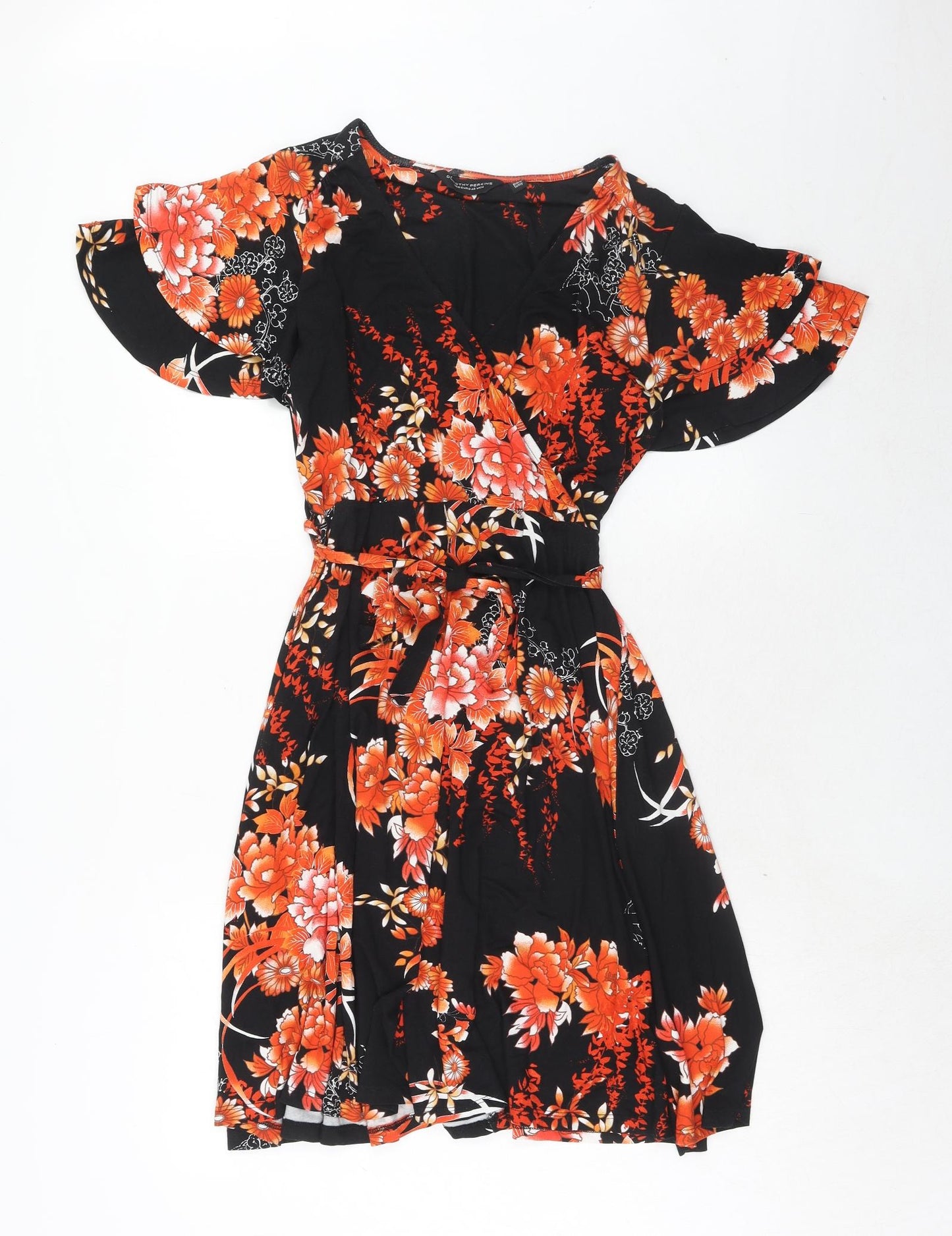 Dorothy Perkins Womens Orange Floral Viscose Fit & Flare Size 14 V-Neck Pullover