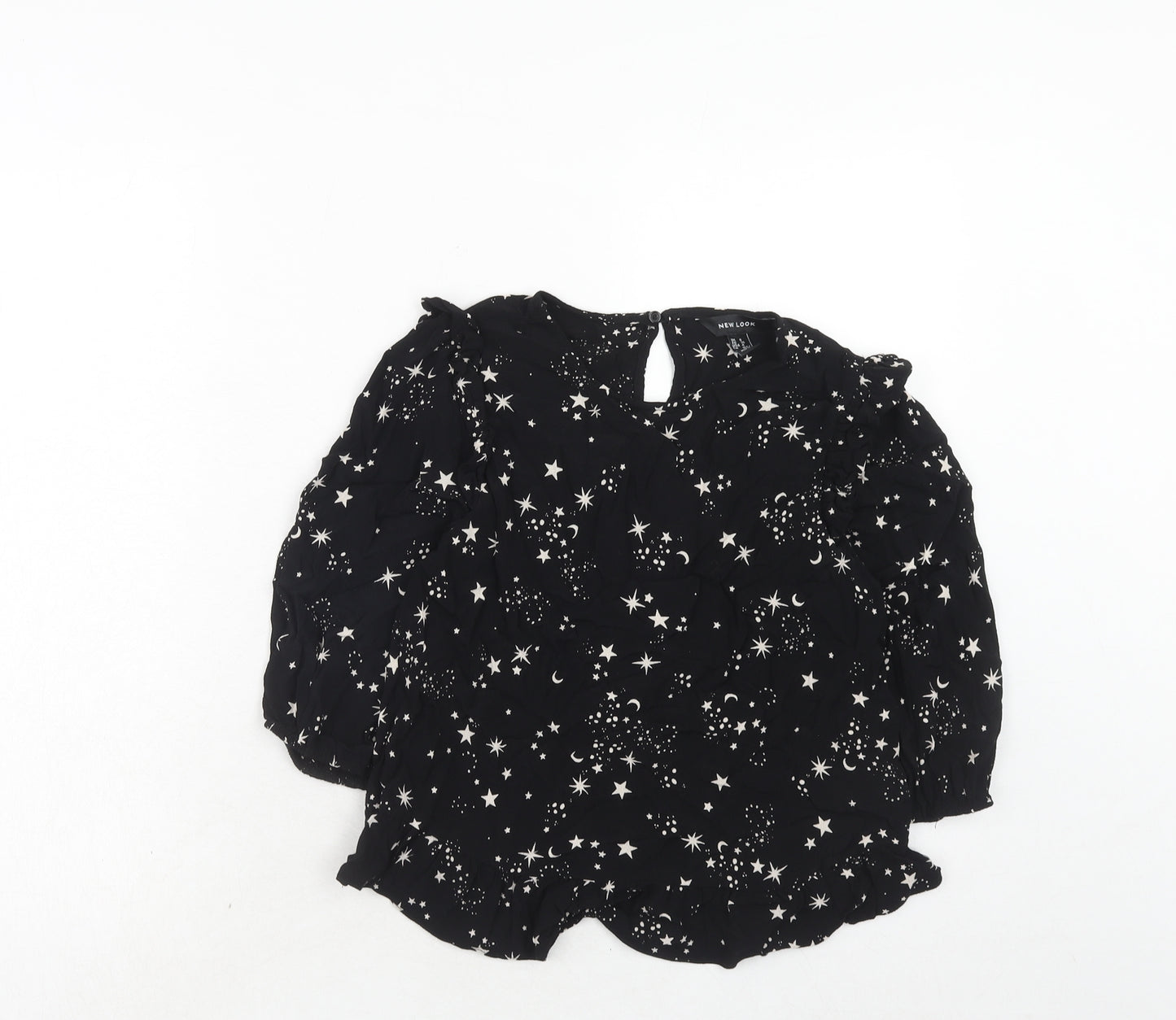 New Look Womens Black Geometric Viscose Basic Blouse Size 8 Round Neck - Stars Print
