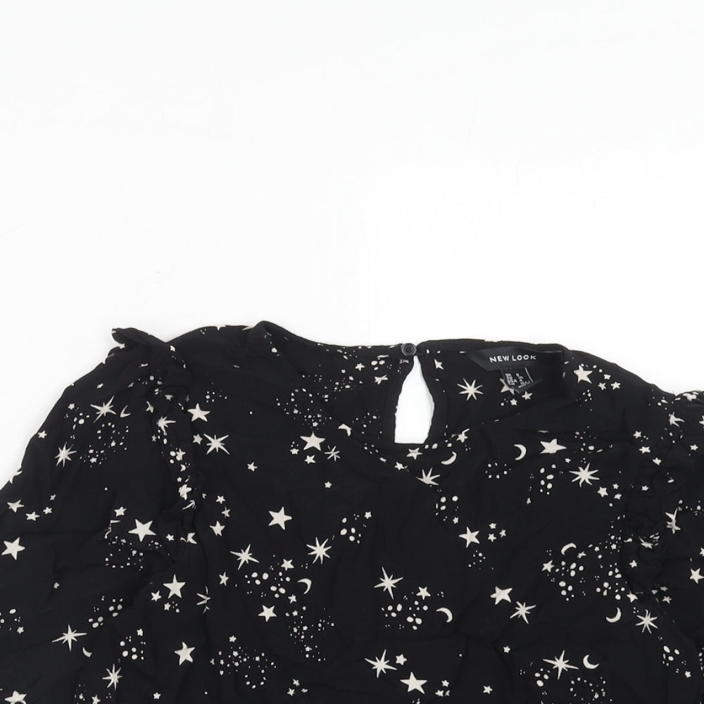 New Look Womens Black Geometric Viscose Basic Blouse Size 8 Round Neck - Stars Print
