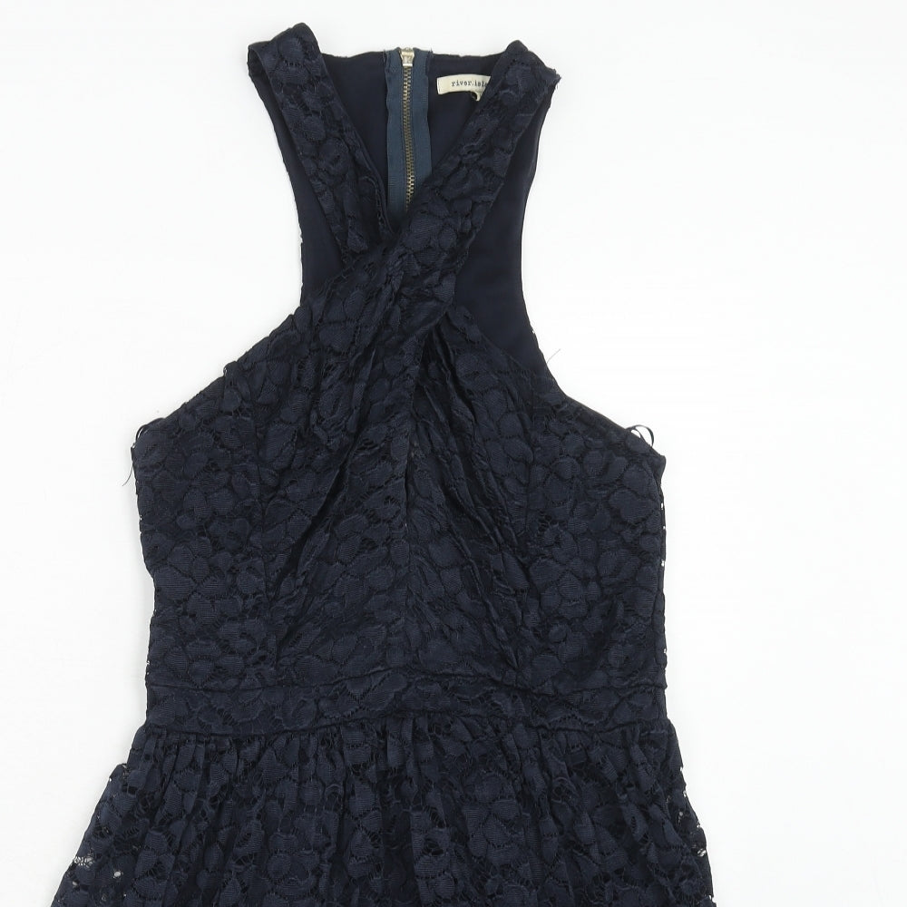 River Island Womens Blue Geometric Viscose A-Line Size 14 V-Neck Zip