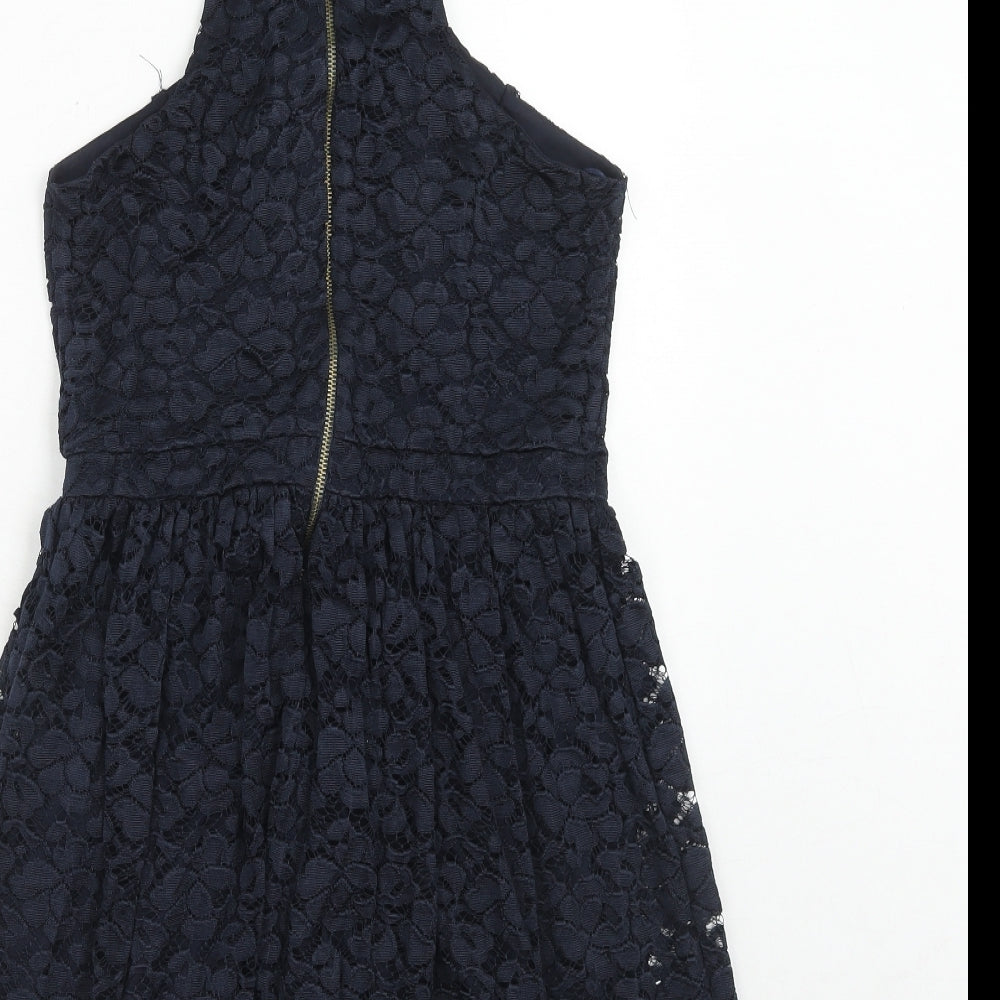 River Island Womens Blue Geometric Viscose A-Line Size 14 V-Neck Zip