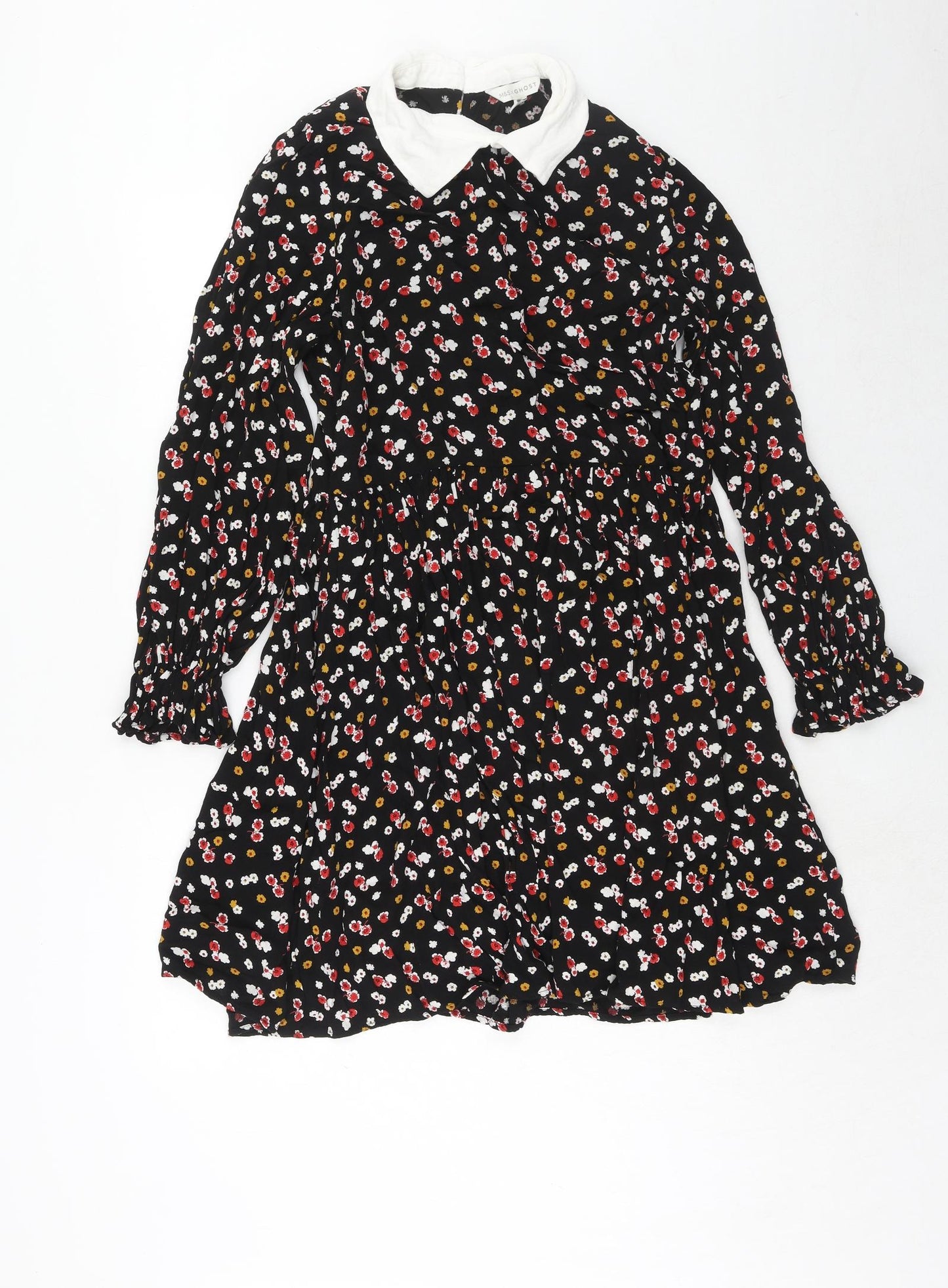 Marks and Spencer Womens Black Floral Viscose A-Line Size 16 Collared Button