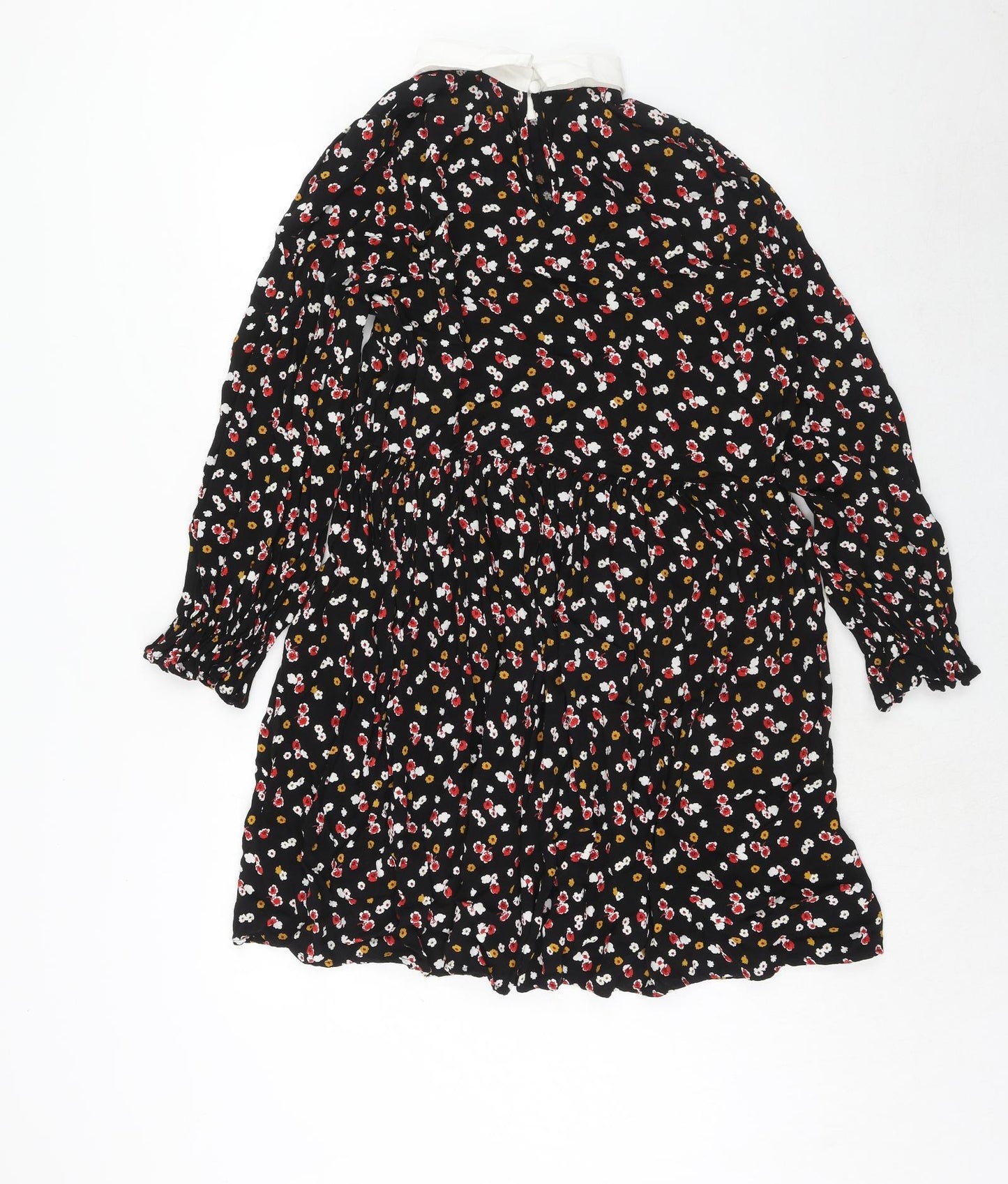 Marks and Spencer Womens Black Floral Viscose A-Line Size 16 Collared Button