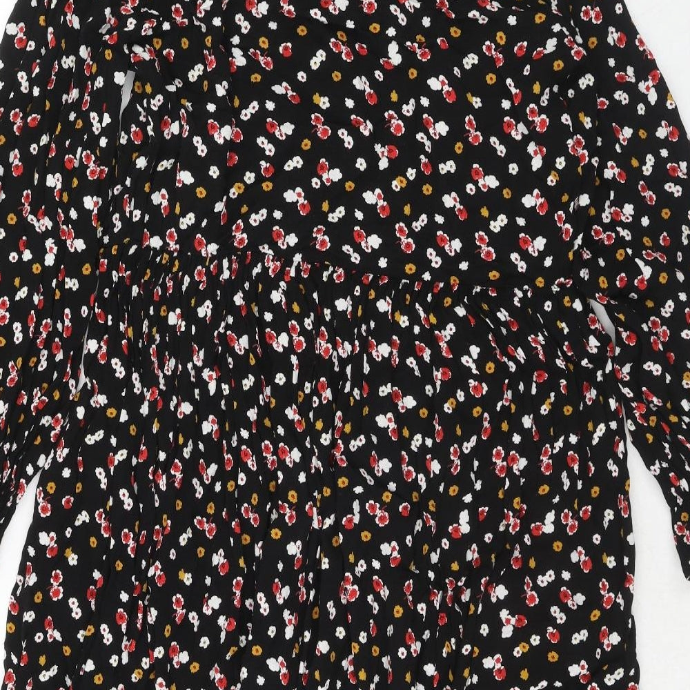 Marks and Spencer Womens Black Floral Viscose A-Line Size 16 Collared Button