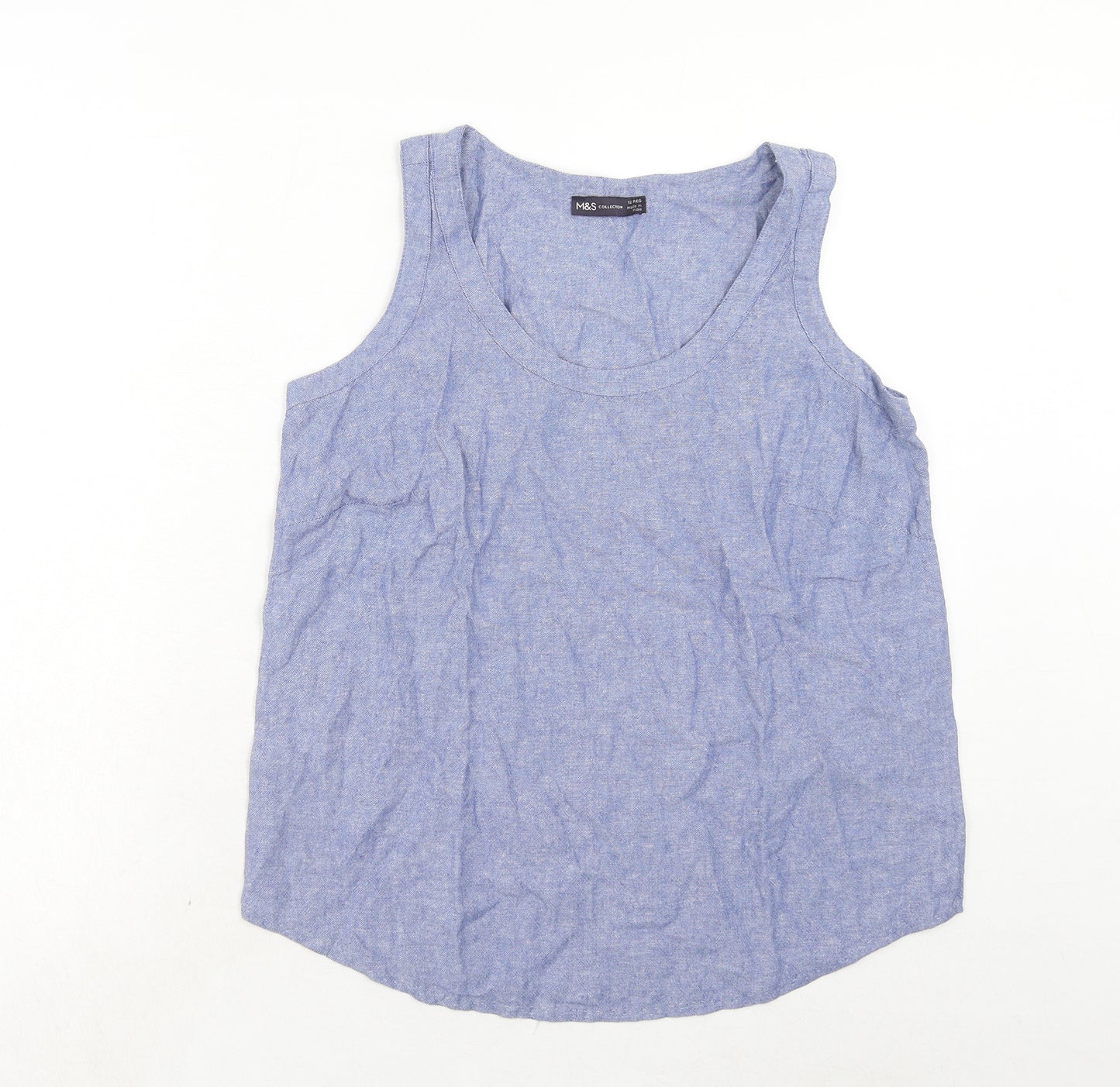 Marks and Spencer Womens Blue Linen Basic Tank Size 12 Scoop Neck