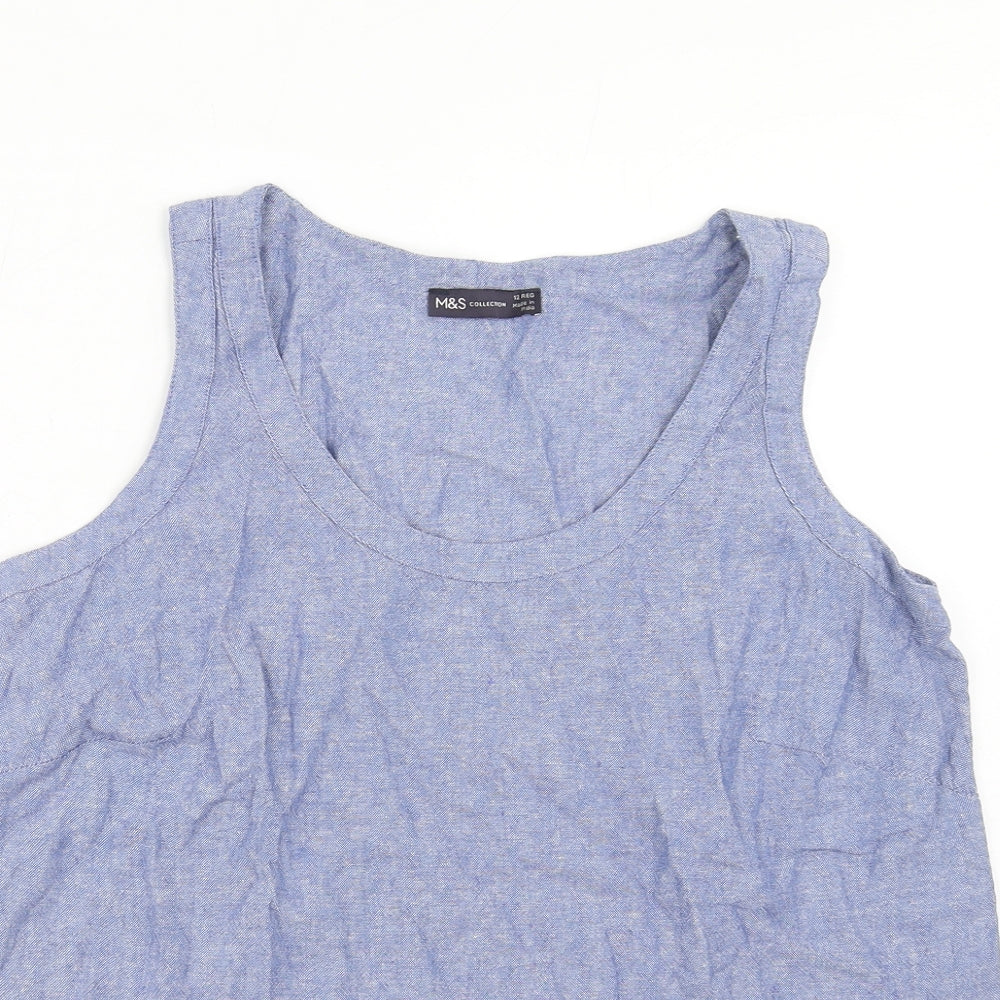Marks and Spencer Womens Blue Linen Basic Tank Size 12 Scoop Neck