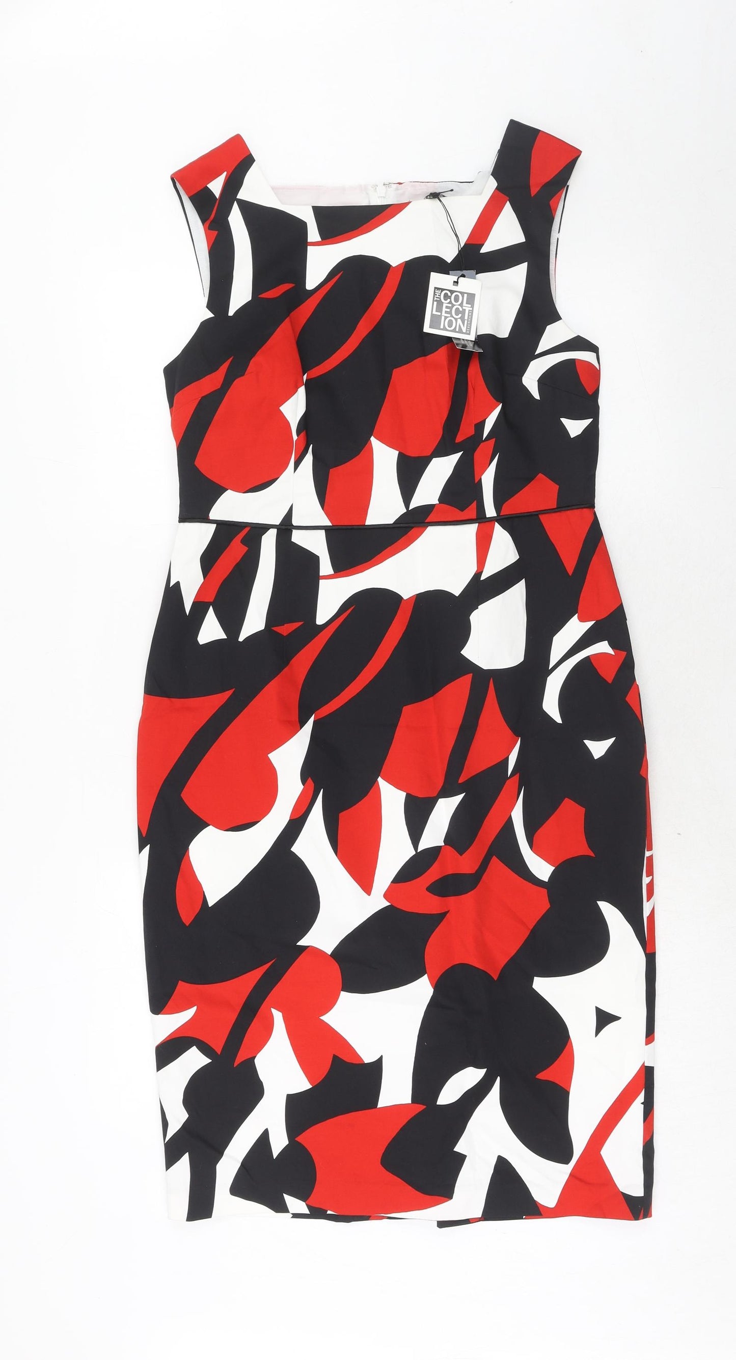 Debenhams Womens Red Geometric Cotton Shift Size 14 Square Neck Zip