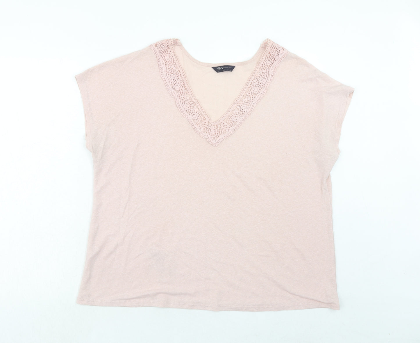 Marks and Spencer Womens Pink Polyester Basic T-Shirt Size 18 V-Neck - Lace Detail