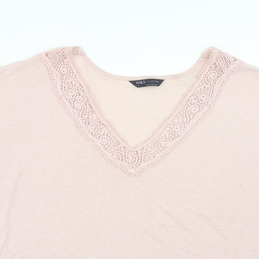 Marks and Spencer Womens Pink Polyester Basic T-Shirt Size 18 V-Neck - Lace Detail
