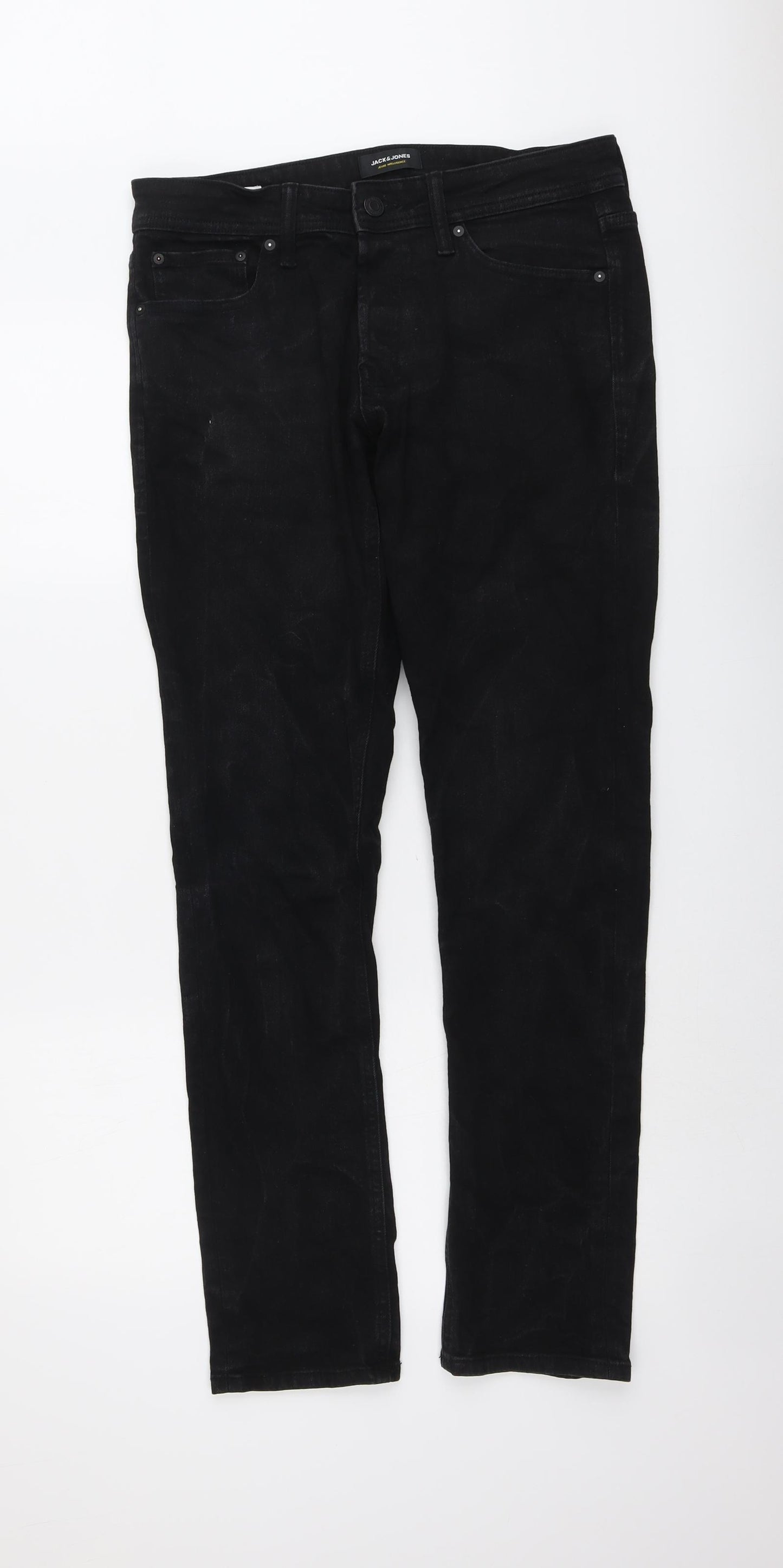 JACK & JONES Mens Black Cotton Straight Jeans Size 32 in L32 in Regular Button