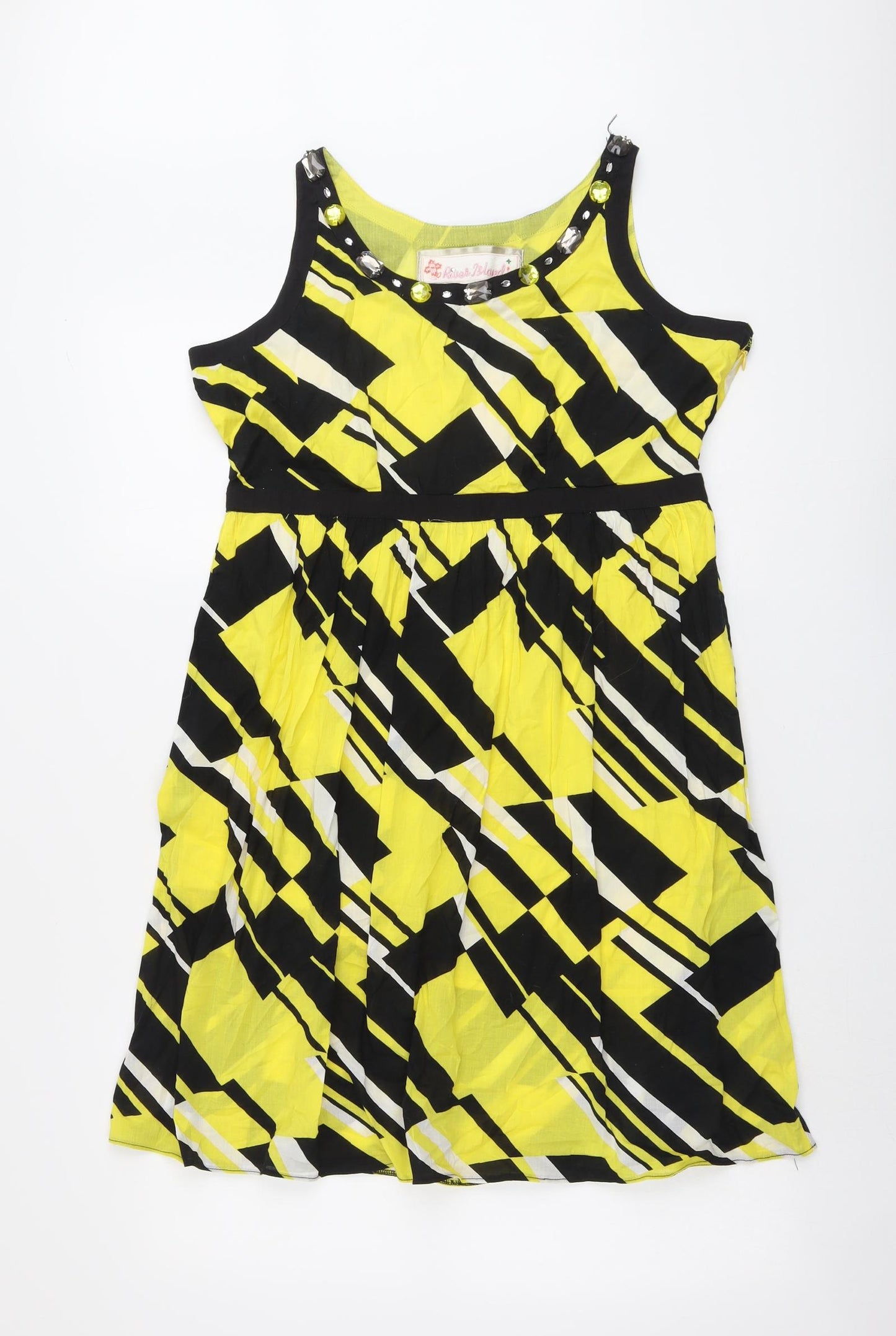River Island Womens Yellow Geometric Cotton Tank Dress Size 12 Round Neck Zip