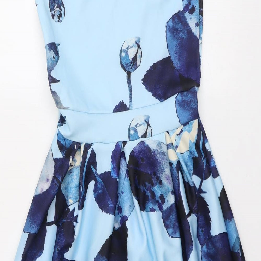 Want That Trend Womens Blue Floral Polyester Fit & Flare Size 8 Round Neck Pullover