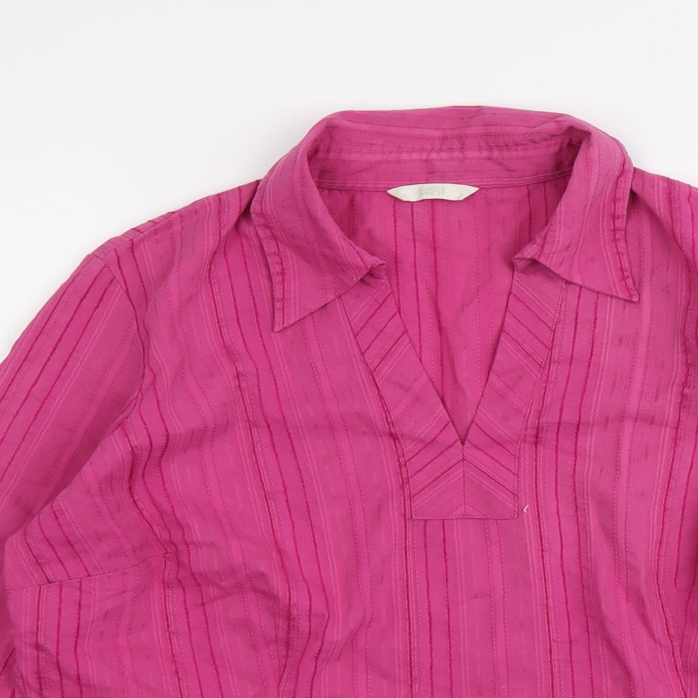 Marks and Spencer Womens Pink Striped Cotton Basic Blouse Size 18 Collared