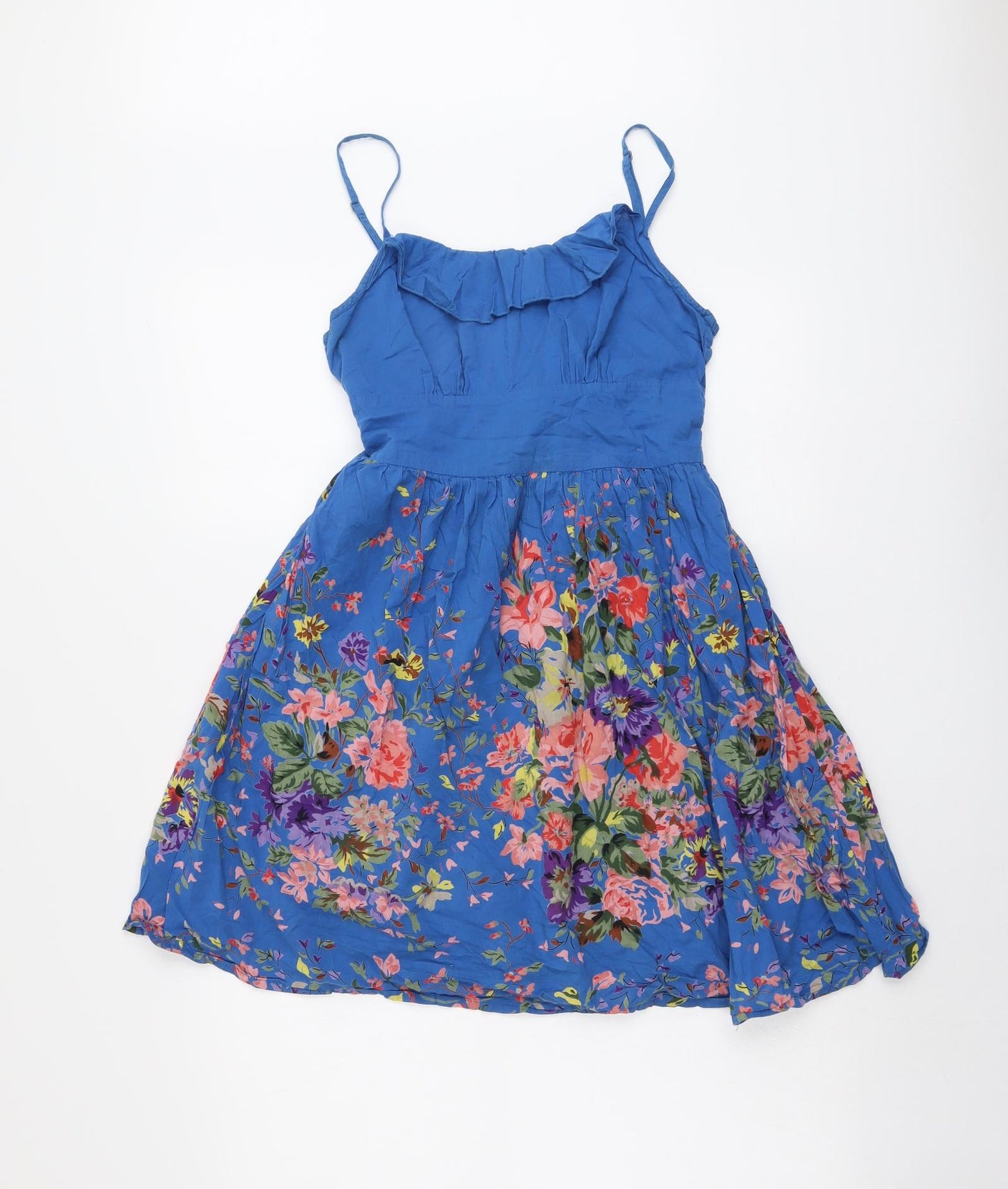 Topshop Womens Blue Floral Cotton Tank Dress Size 10 Round Neck Zip