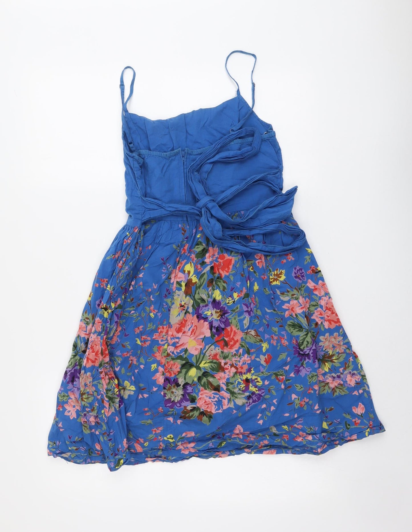 Topshop Womens Blue Floral Cotton Tank Dress Size 10 Round Neck Zip