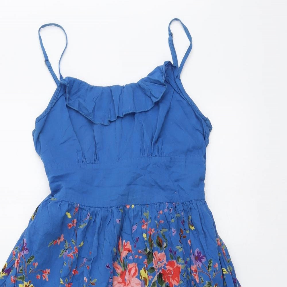 Topshop Womens Blue Floral Cotton Tank Dress Size 10 Round Neck Zip