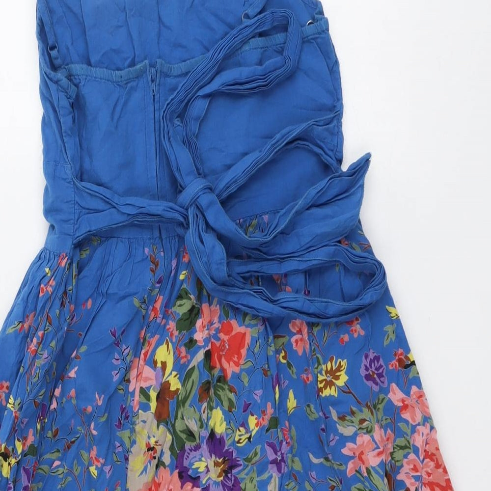 Topshop Womens Blue Floral Cotton Tank Dress Size 10 Round Neck Zip