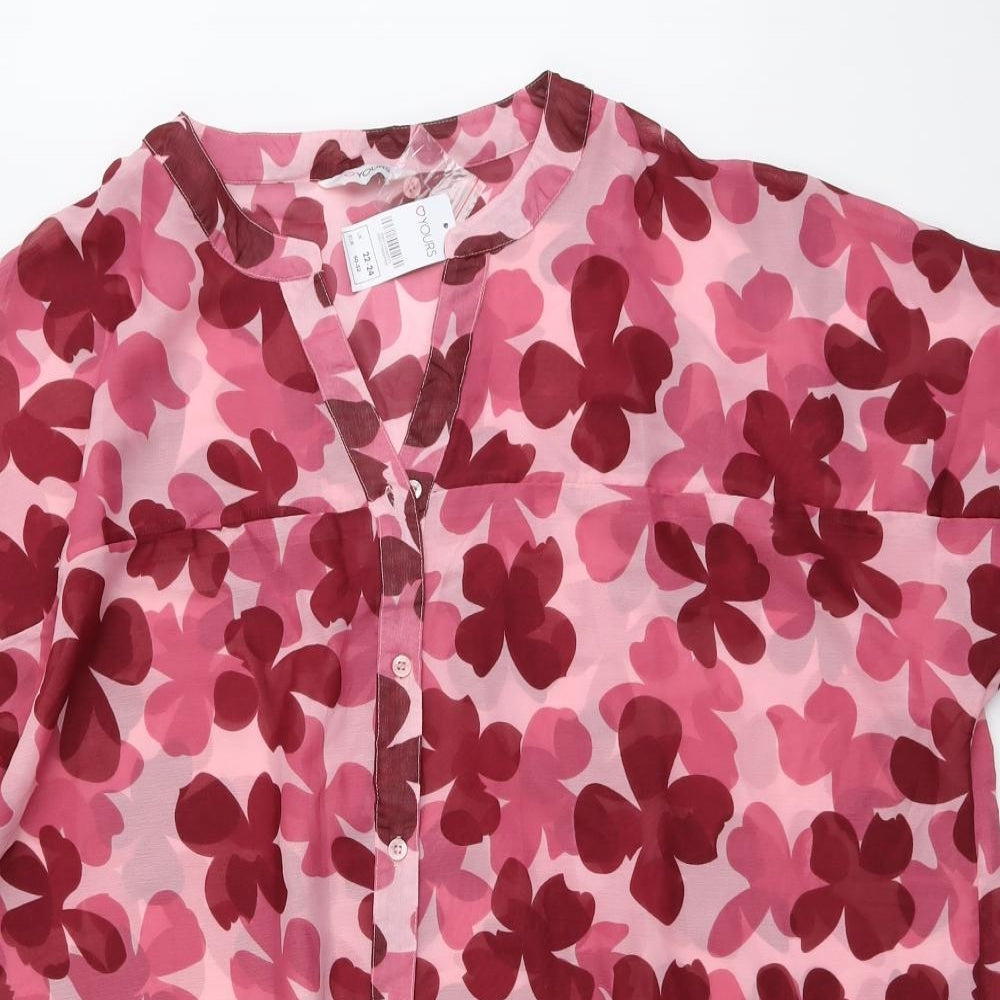 Yours Womens Pink Floral Polyester Basic Button-Up Size 22 V-Neck