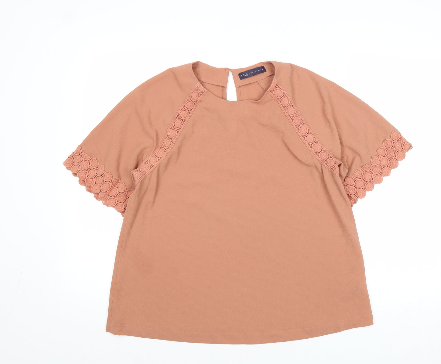 Marks and Spencer Womens Beige Polyester Basic Blouse Size 12 Round Neck - Lace Details