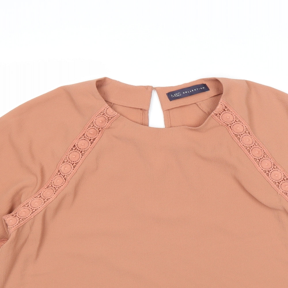 Marks and Spencer Womens Beige Polyester Basic Blouse Size 12 Round Neck - Lace Details