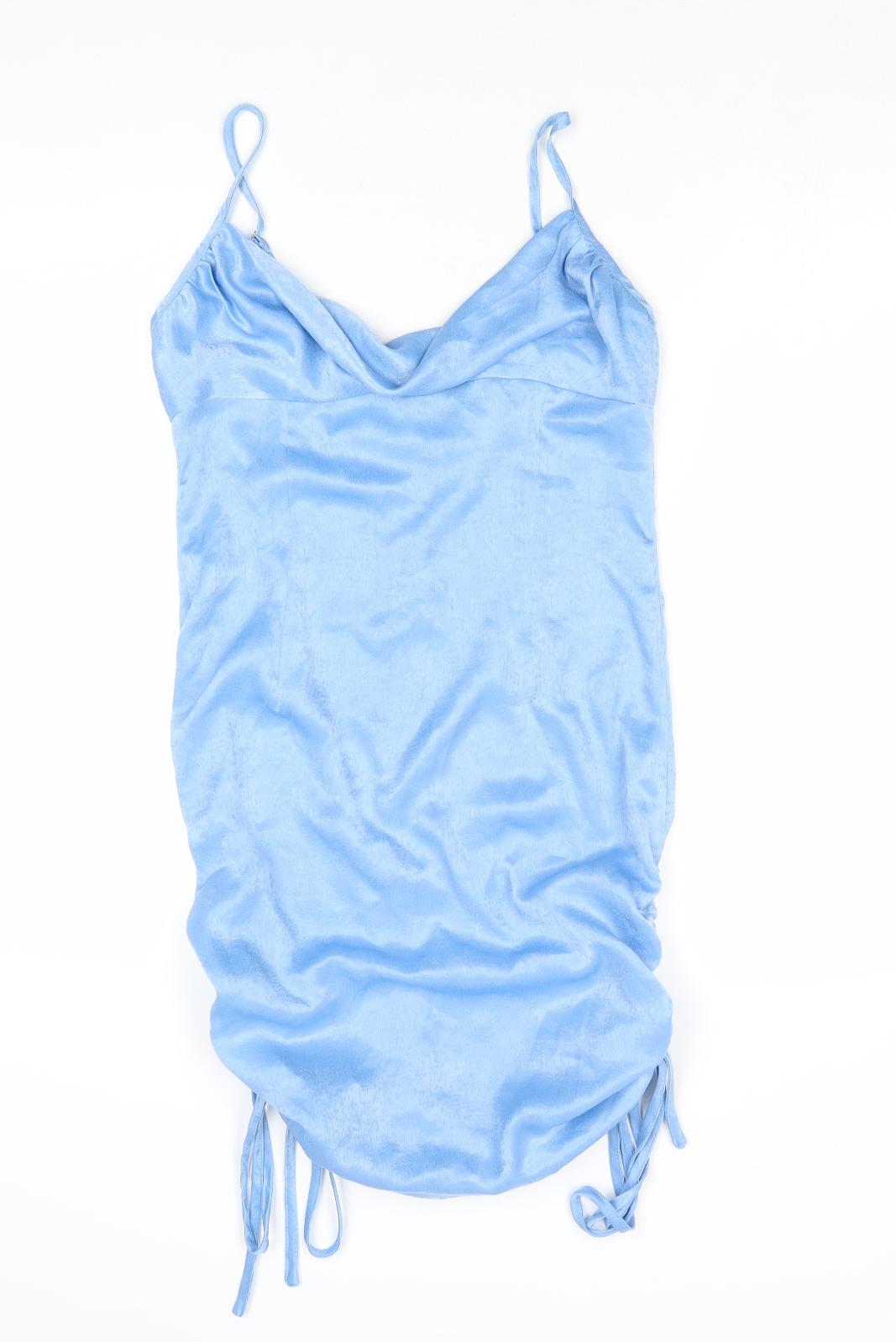 PRETTYLITTLETHING Womens Blue Polyester Mini Size 10 Cowl Neck Zip