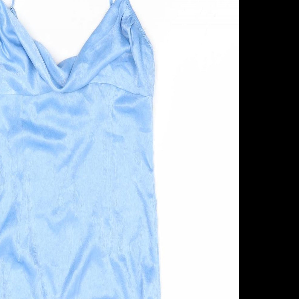 PRETTYLITTLETHING Womens Blue Polyester Mini Size 10 Cowl Neck Zip