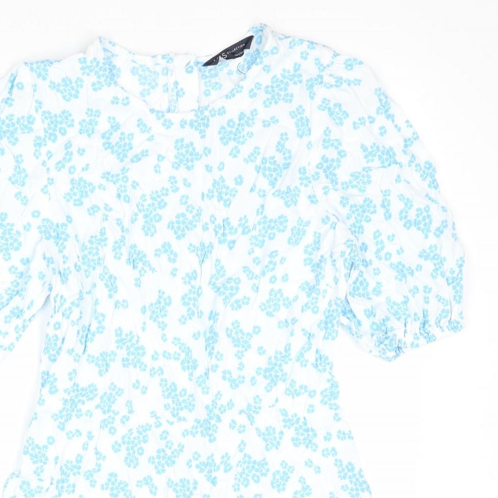 Marks and Spencer Womens Blue Floral Viscose Basic Blouse Size 10 Round Neck