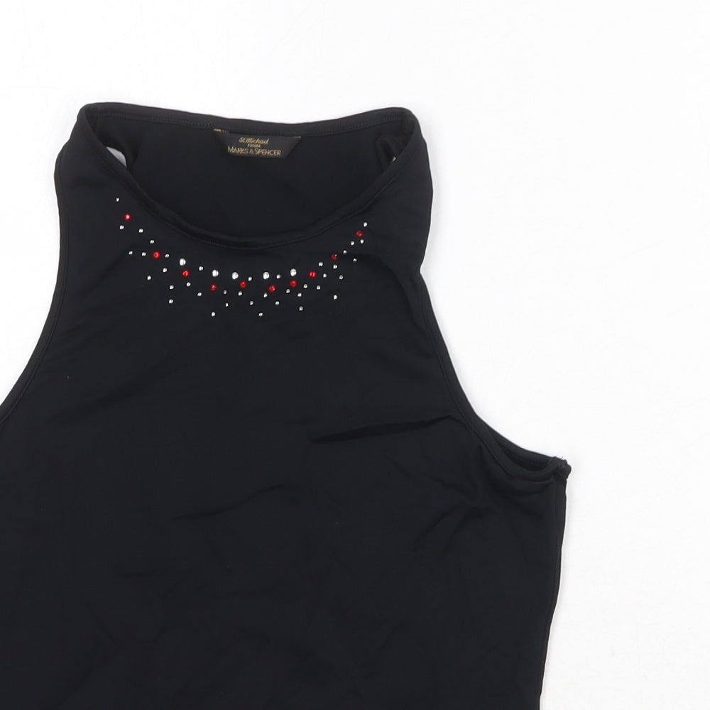 Marks and Spencer Womens Black Nylon Basic Tank Size 10 Boat Neck - Embellished Neckline