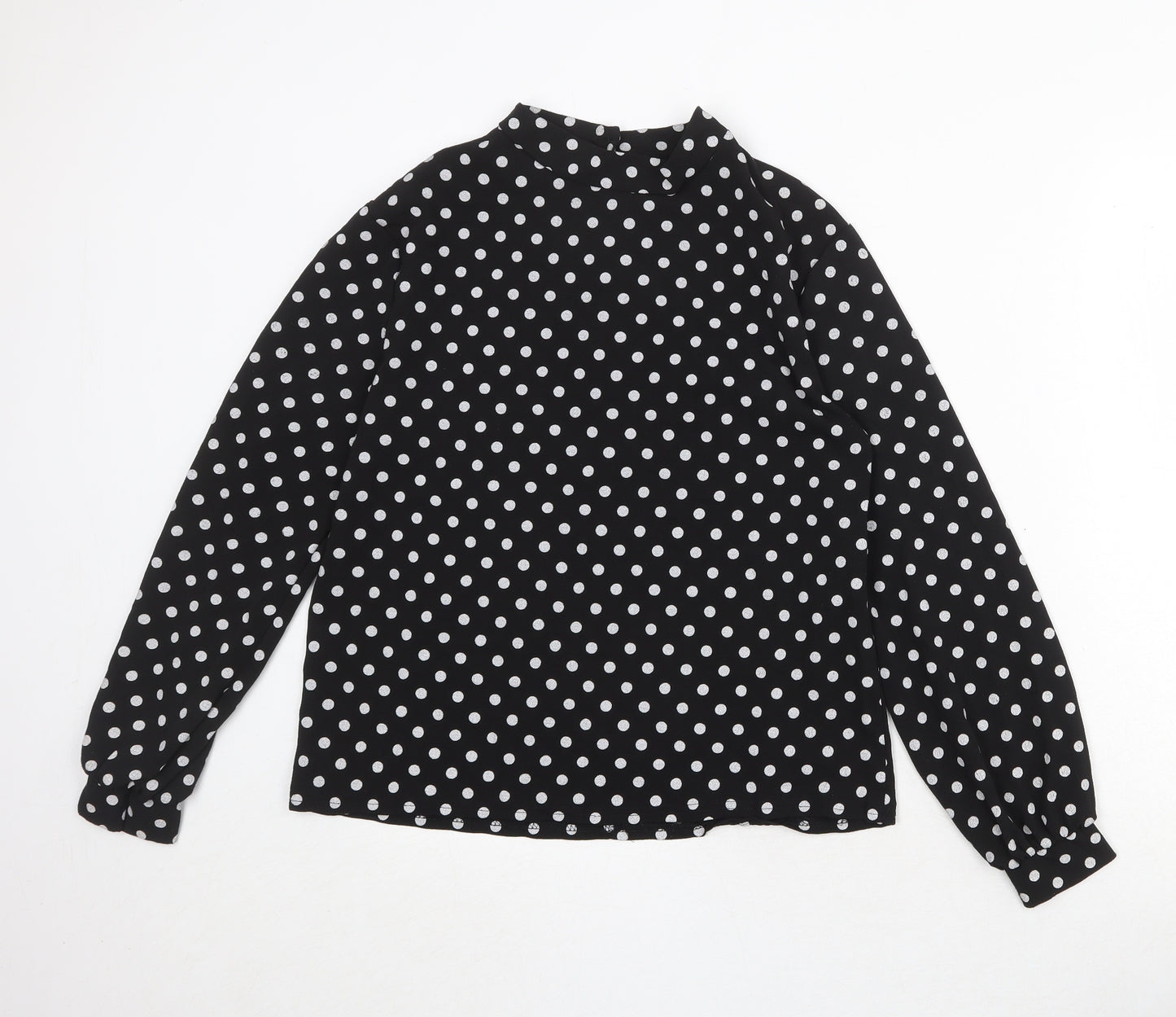 Boohoo Womens Black Polka Dot Polyester Basic Blouse Size 8 Mock Neck
