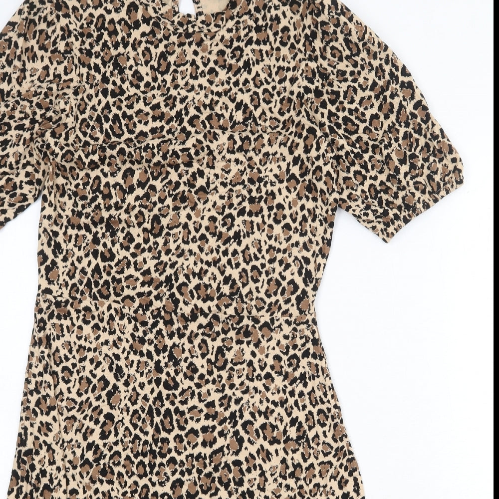 Marks and Spencer Womens Brown Animal Print Viscose Trapeze & Swing Size 8 Round Neck Button - Leopard Pattern