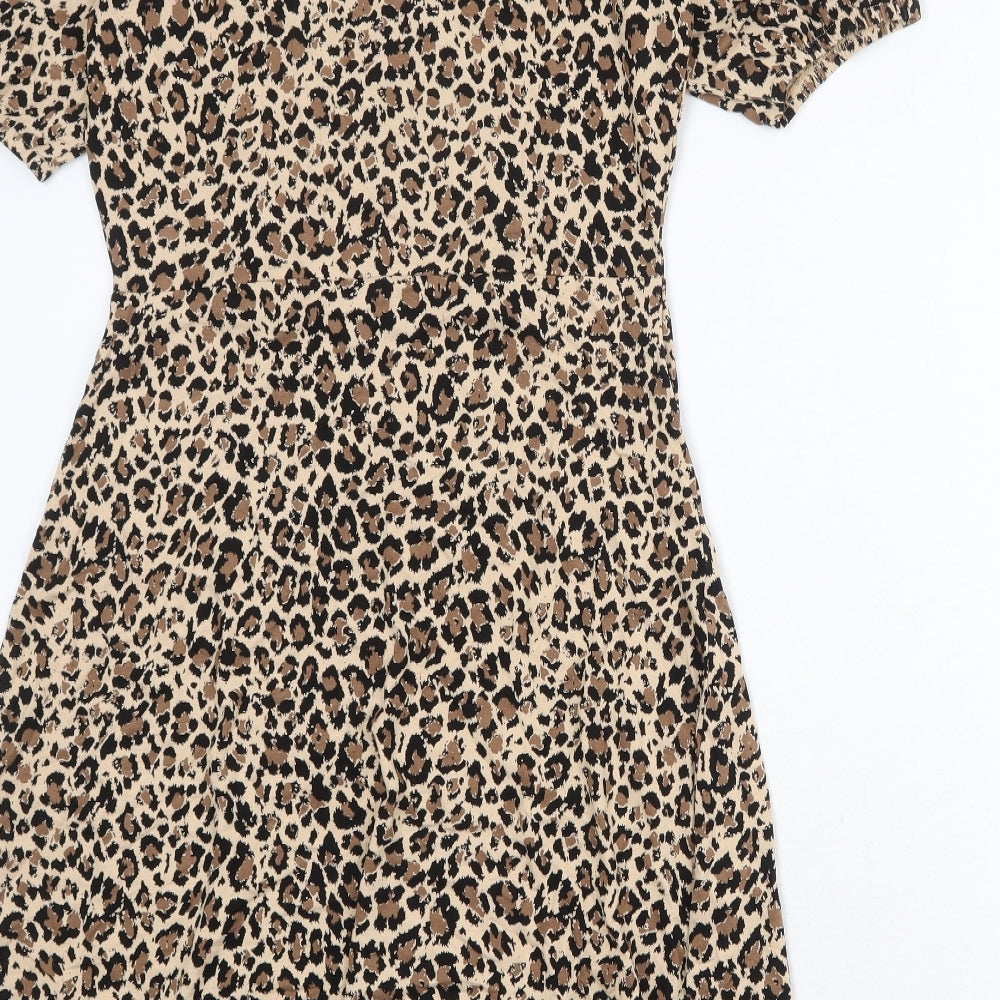 Marks and Spencer Womens Brown Animal Print Viscose Trapeze & Swing Size 8 Round Neck Button - Leopard Pattern
