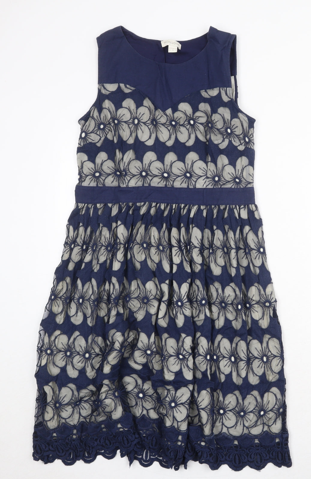 Monsoon Womens Blue Floral Nylon Trapeze & Swing Size 12 Round Neck Zip