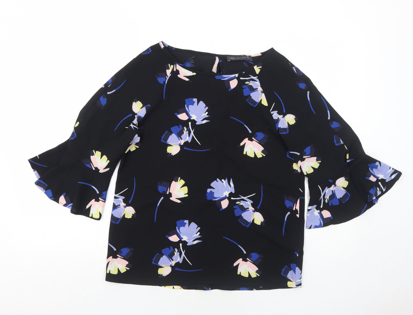 Marks and Spencer Womens Black Geometric Polyester Basic Blouse Size 8 Boat Neck
