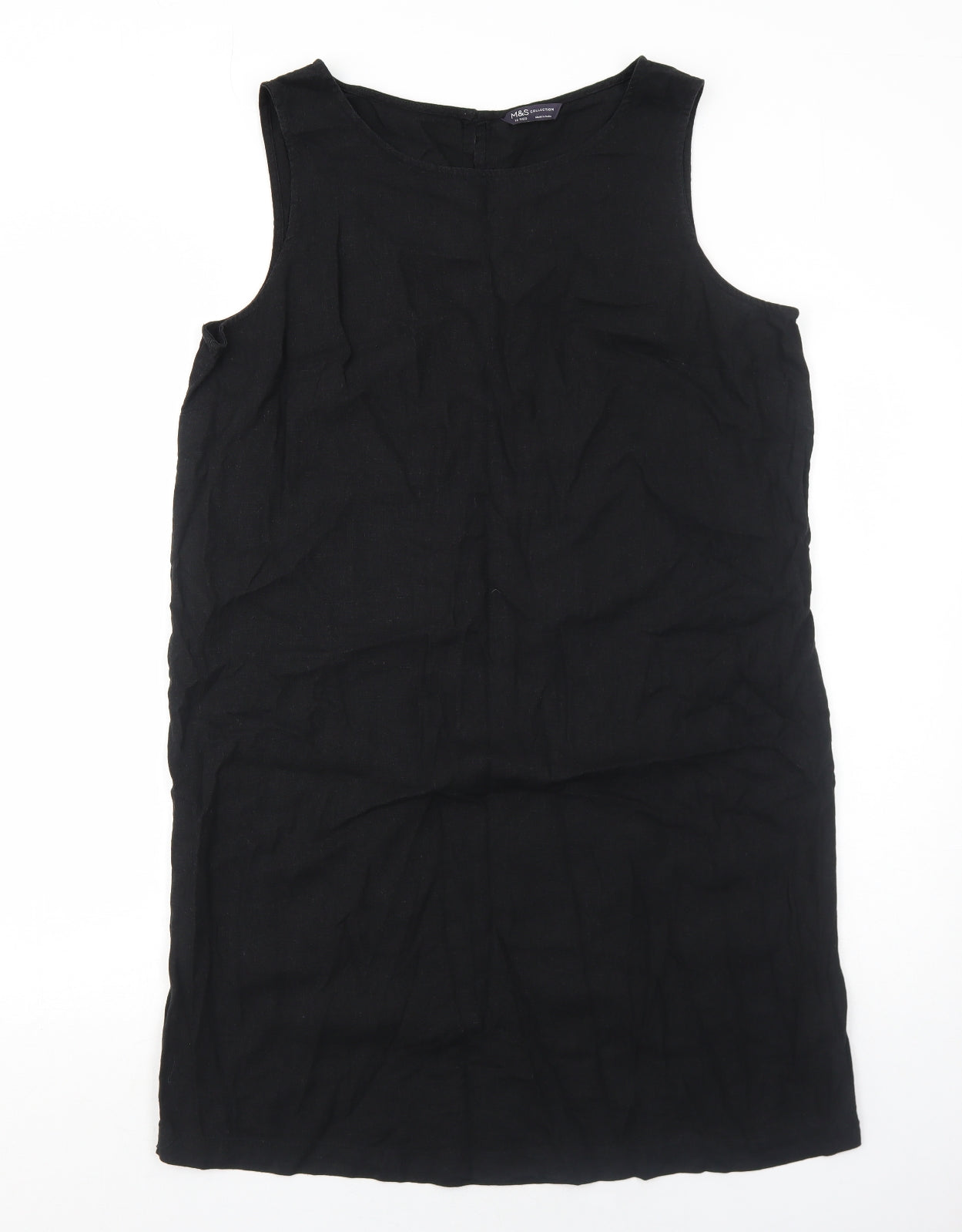 Marks and Spencer Womens Black Linen Shift Size 16 Round Neck Button