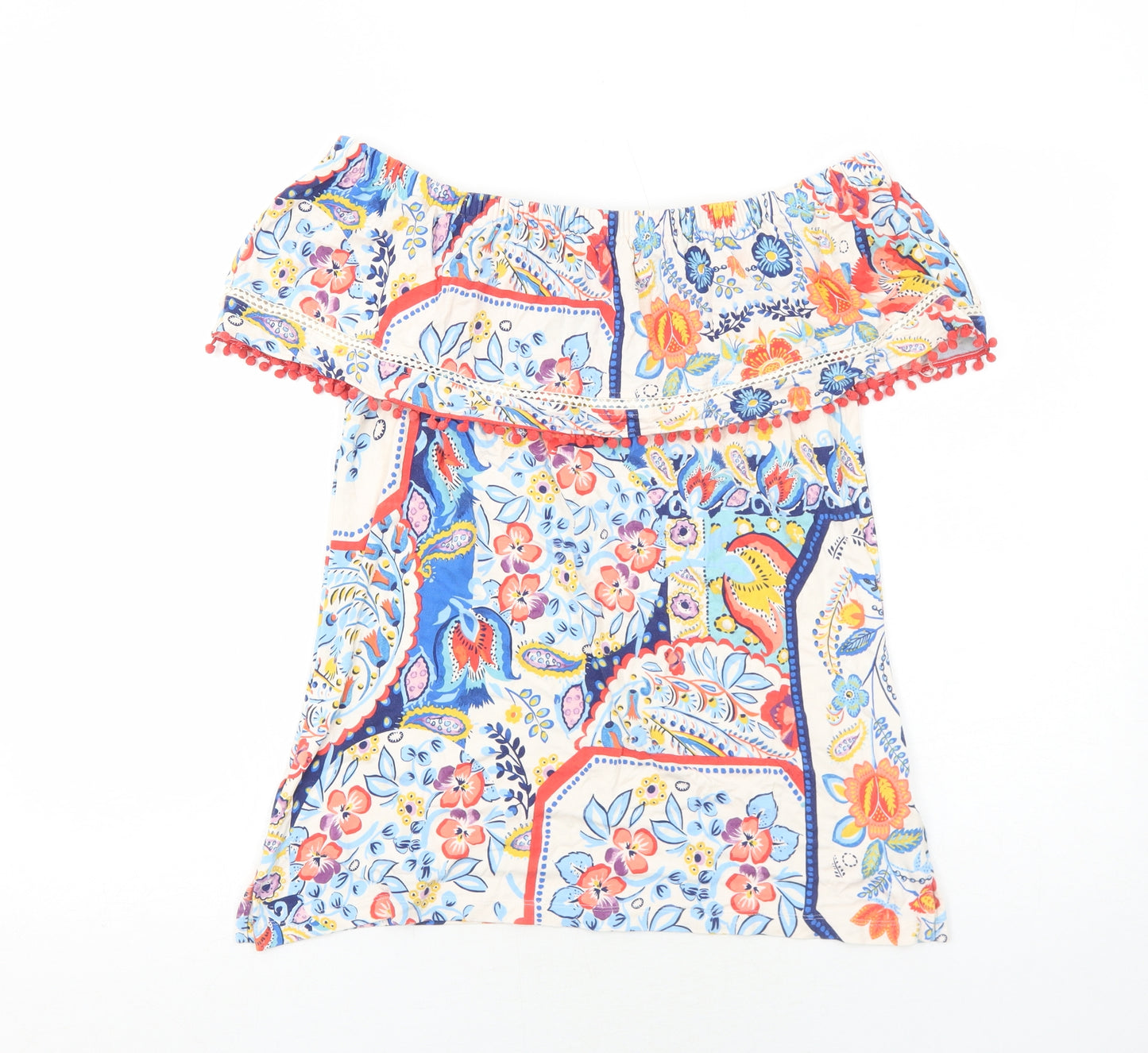 Per Una Womens Multicoloured Geometric Viscose Basic Blouse Size 12 Off the Shoulder - Pom Pom Trim