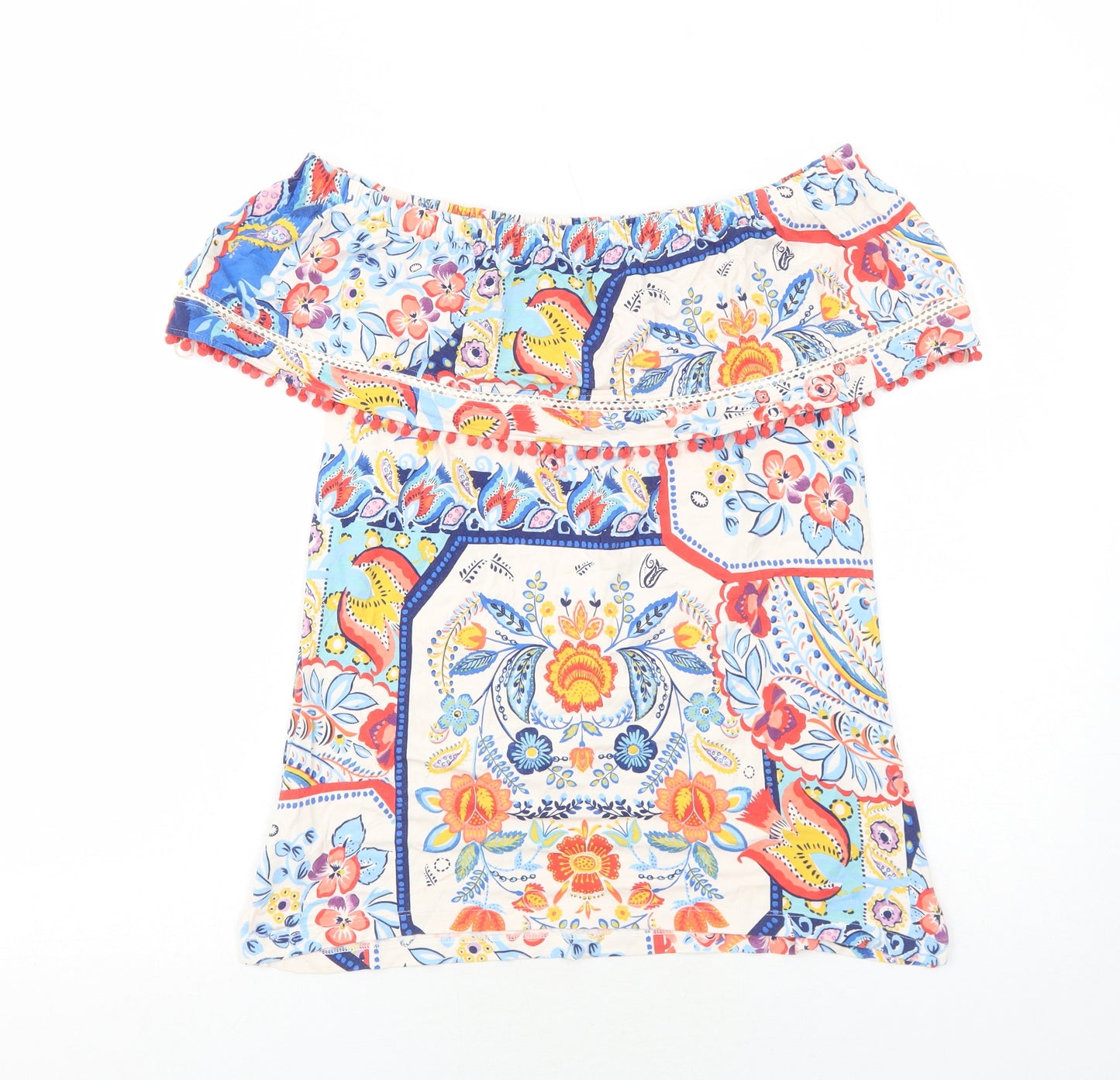 Per Una Womens Multicoloured Geometric Viscose Basic Blouse Size 12 Off the Shoulder - Pom Pom Trim
