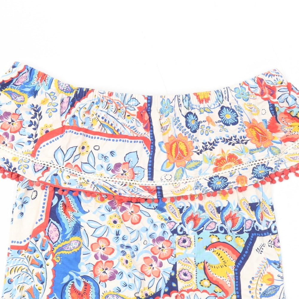 Per Una Womens Multicoloured Geometric Viscose Basic Blouse Size 12 Off the Shoulder - Pom Pom Trim