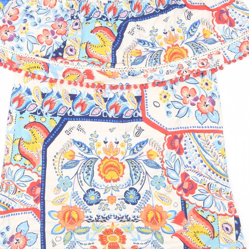 Per Una Womens Multicoloured Geometric Viscose Basic Blouse Size 12 Off the Shoulder - Pom Pom Trim