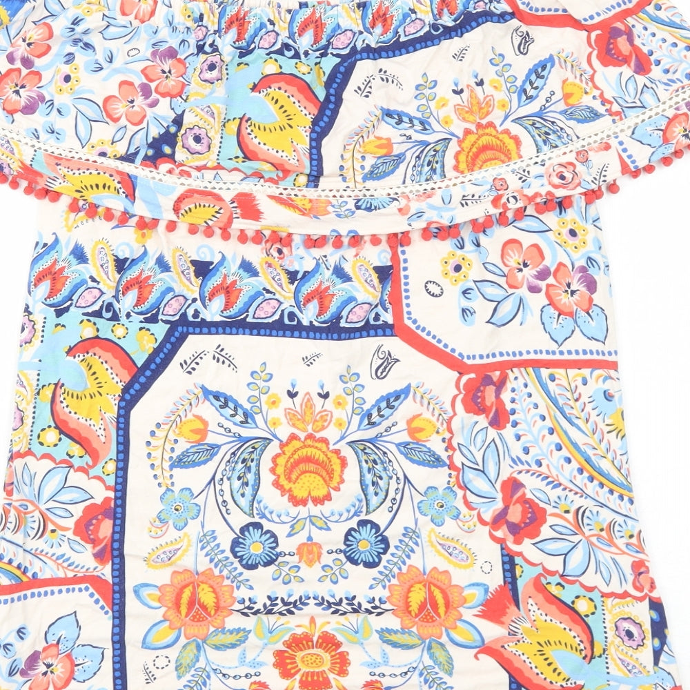 Per Una Womens Multicoloured Geometric Viscose Basic Blouse Size 12 Off the Shoulder - Pom Pom Trim