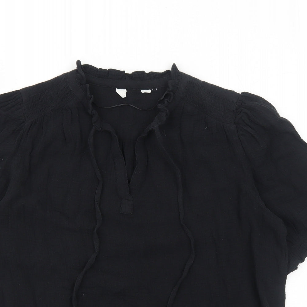 Marks and Spencer Womens Black Cotton Basic Blouse Size 12 V-Neck