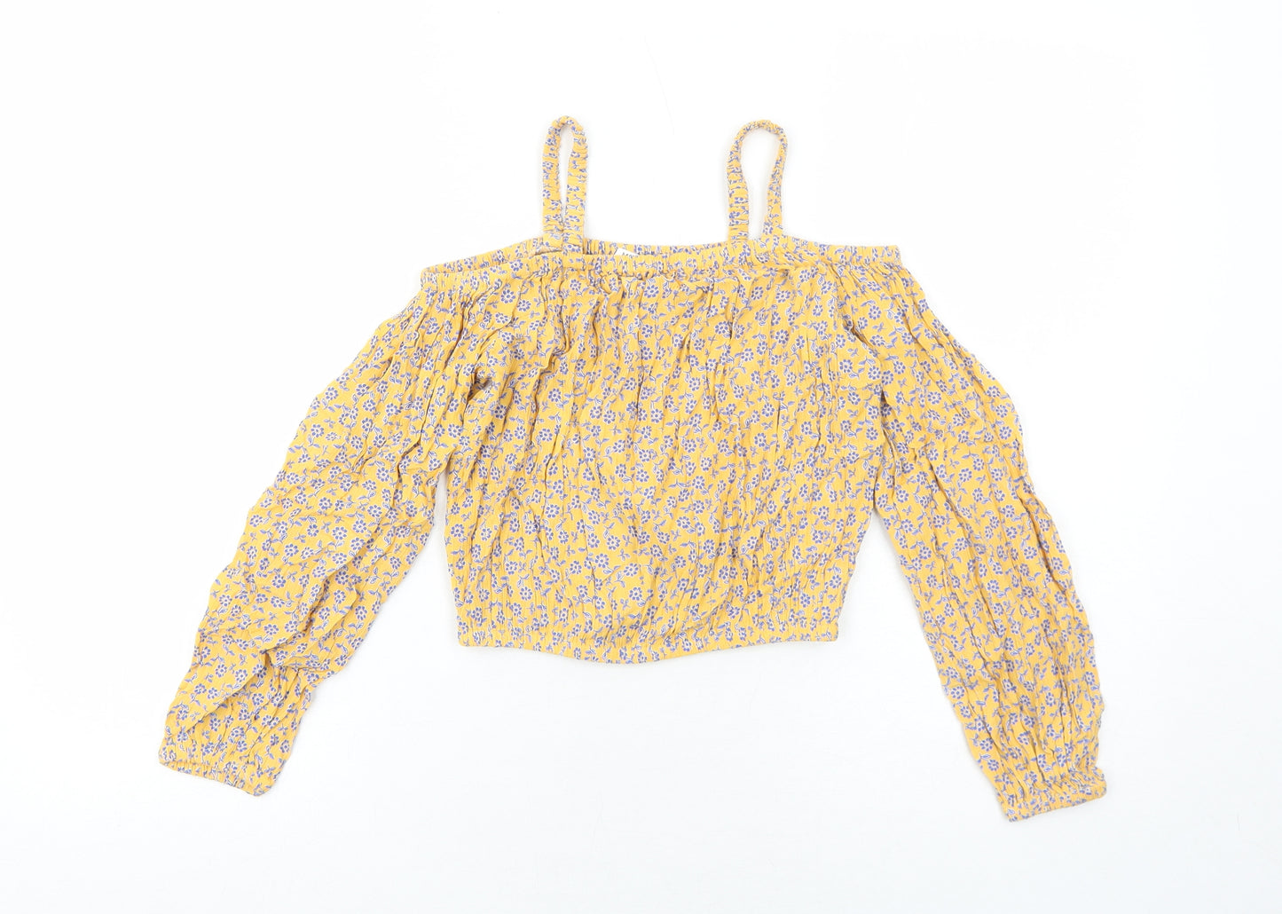 Marks and Spencer Girls Orange Floral Viscose Pullover Blouse Size 9-10 Years Off the Shoulder Pullover